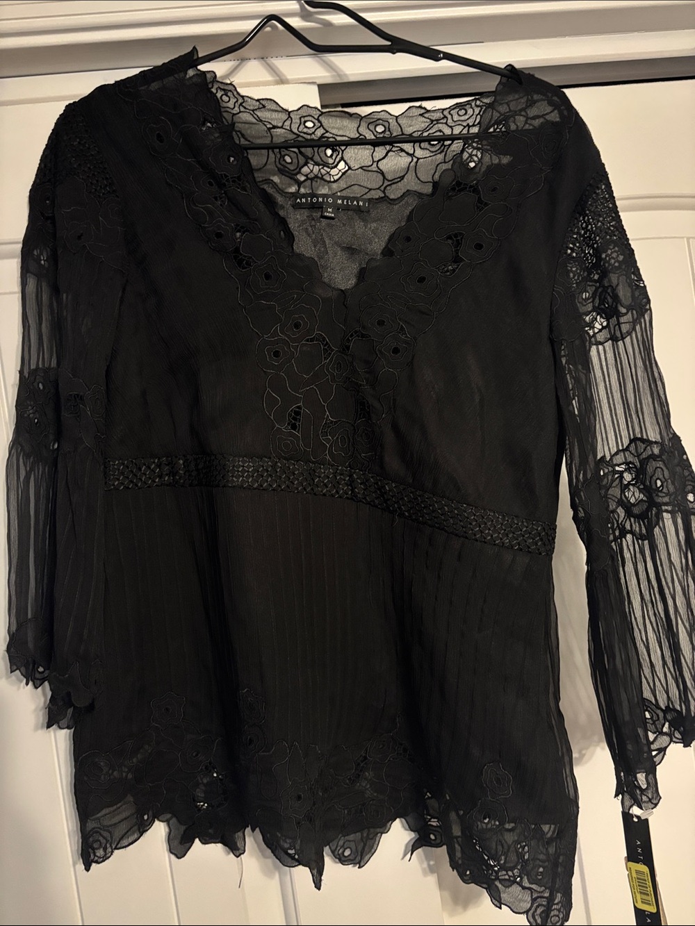 ANTONIO MELANI Black Lace-Trim V-Neck Sheer Blouse